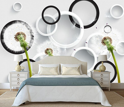 Белые и черные круги с одуванчиками в интерьере спальни