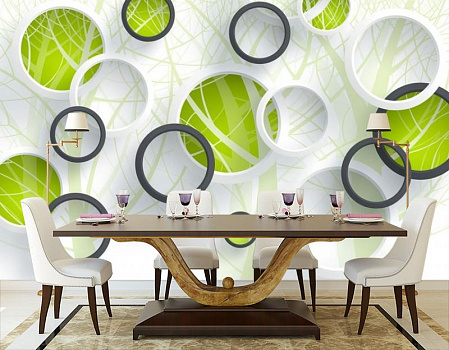Объемные зеленые круги в интерьере кухни с большим столом