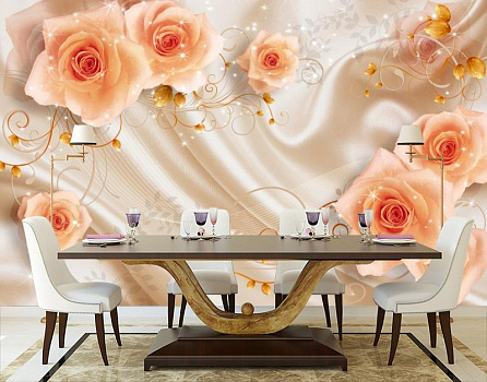 Чайные розы на молочном шелке в интерьере кухни с большим столом