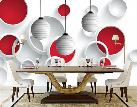 Полосатые шары в красных кругах в интерьере кухни с большим столом