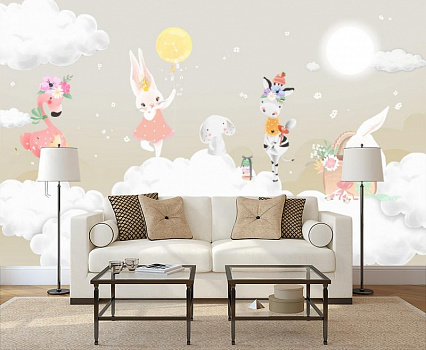 Зайчики и птички на облаках в интерьере гостиной с диваном