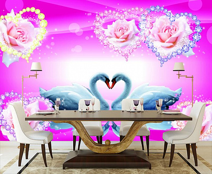 Любовь лебедей в интерьере кухни с большим столом