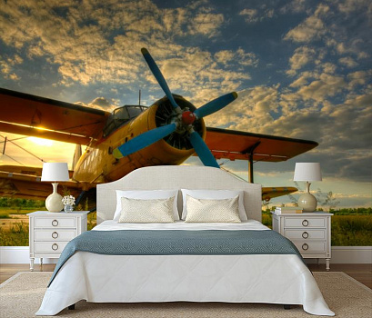 Самолет под голубым небом  в интерьере спальни