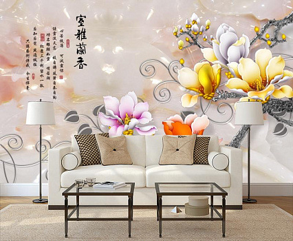 Китайская цветущая ветвь  в интерьере гостиной с диваном