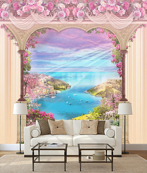 Арка в розовых цветах над морем в интерьере гостиной с диваном