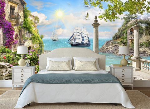 Белые парусники у берега в интерьере спальни