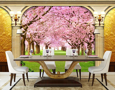 Парк цветущей сакуры в интерьере кухни с большим столом