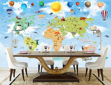 Детская карта мира с планетами в интерьере кухни с большим столом