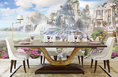 Леопард на водопадах  в интерьере кухни с большим столом