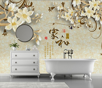 Белые цветы на стене в интерьере ванной