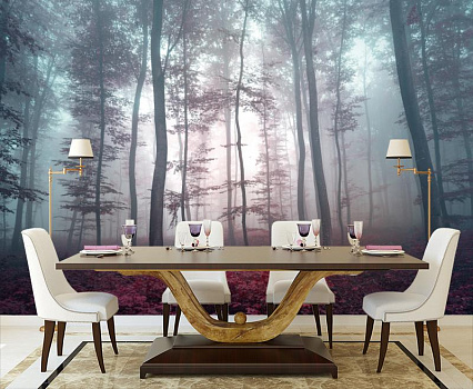 Лес в туманной дымке в интерьере кухни с большим столом