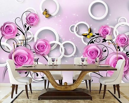 Розы с белыми кольцами в интерьере кухни с большим столом