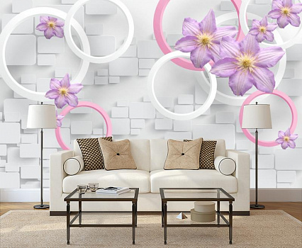 Белые и розовые кольца с цветами в интерьере гостиной с диваном