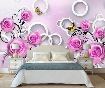 Розовые розы на белых кругах в интерьере спальни
