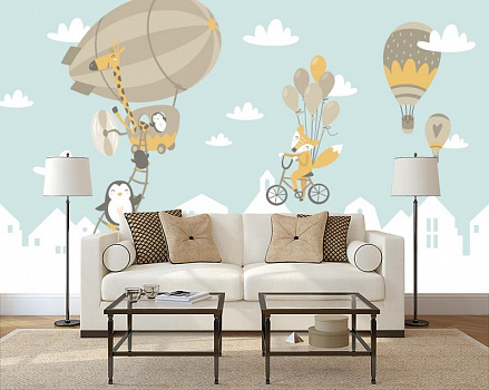 Полет на воздушных шарах в интерьере гостиной с диваном