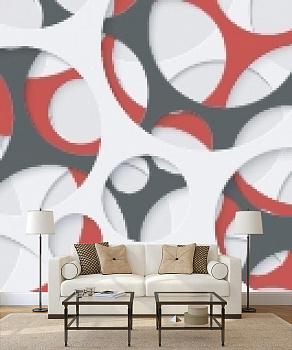 Круги белые, красные, черные в интерьере гостиной с диваном