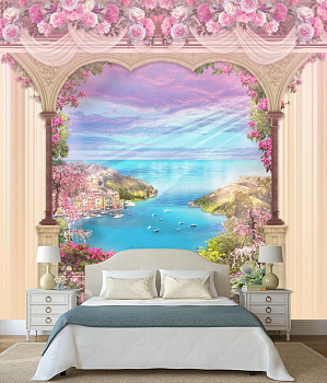 Арка в розовых цветах над морем в интерьере спальни