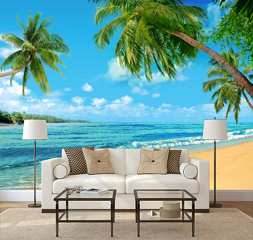 Песчаный пляж в интерьере гостиной с диваном