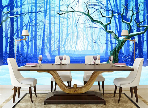 Заколдованный лес в интерьере кухни с большим столом