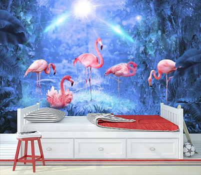 Розовый фламинго в голубом свете  в интерьере детской комнаты мальчика