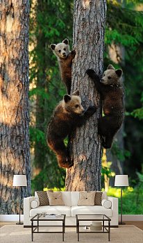 Медвежата на дереве в интерьере гостиной с диваном