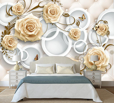 Чайные розы в кругах в интерьере спальни