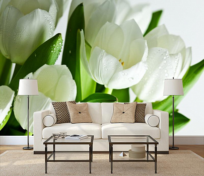 Белые тюльпаны в росе в интерьере гостиной с диваном