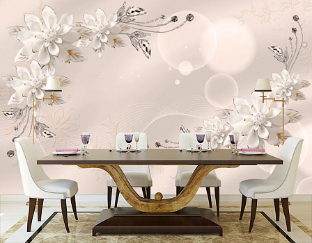 Белые цветы из фарфора в интерьере кухни с большим столом