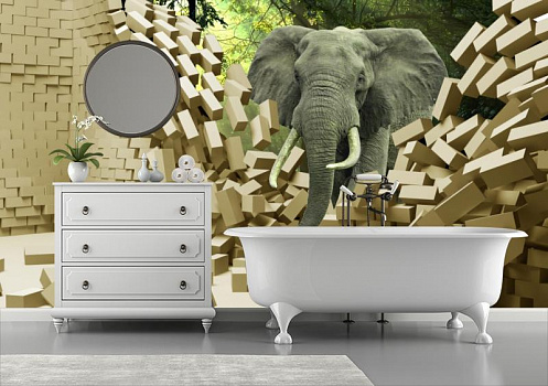 Слон сломал стену из белого кирпича в интерьере ванной