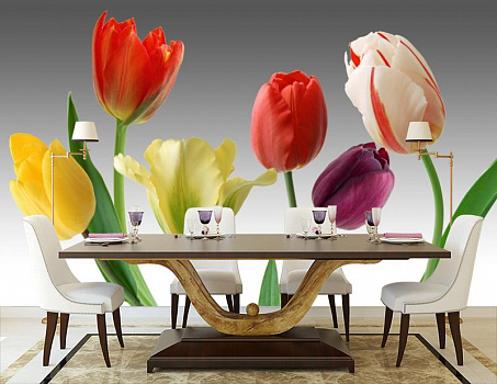 Разноцветные тюльпаны в интерьере кухни с большим столом