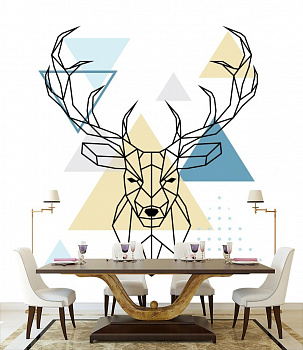Геометрический олень в интерьере кухни с большим столом