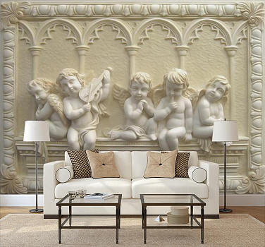Ангелочки в интерьере гостиной с диваном