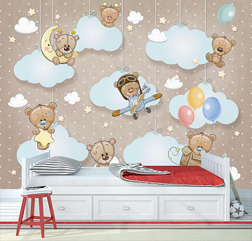 Мишки в облаках в кофейных тонах в интерьере детской комнаты мальчика