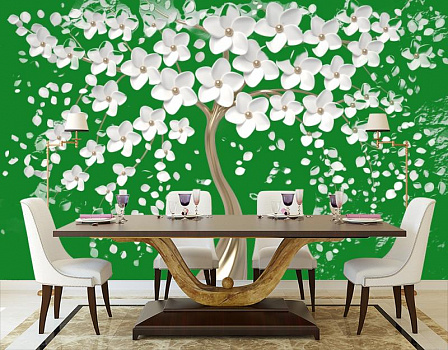 Белые цветы на зеленом фоне в интерьере кухни с большим столом