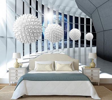 Фантастическая терраса с белыми шарами в космосе в интерьере спальни