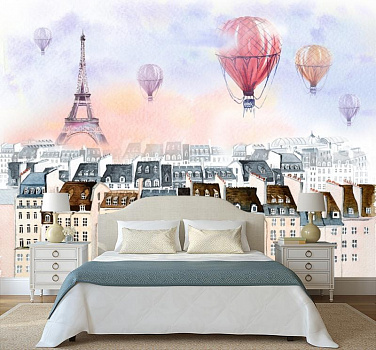 Воздушные шары над городом в интерьере спальни