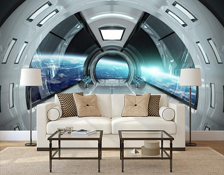 Космос с корабля в интерьере гостиной с диваном