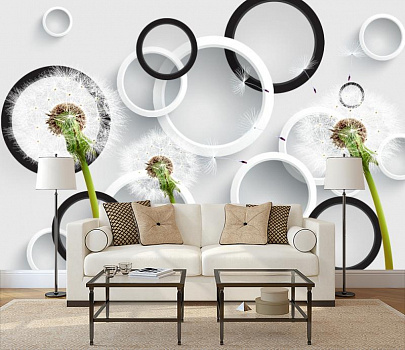 Белые и черные круги с одуванчиками в интерьере гостиной с диваном