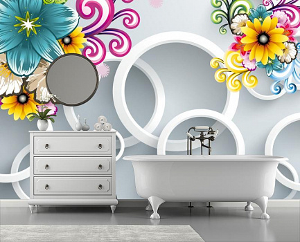 Белые кольца с яркими цветами в интерьере ванной