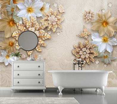Белые и золотые цветы  в интерьере ванной