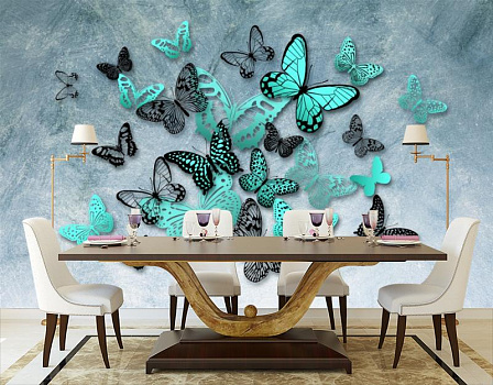 Бирюзовые бабочки на стене в интерьере кухни с большим столом
