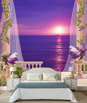 Фиолетовый закат в интерьере спальни