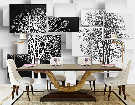 Деревья в стиле модерн в интерьере кухни с большим столом
