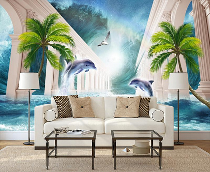 Дельфины в бушующем море в интерьере гостиной с диваном