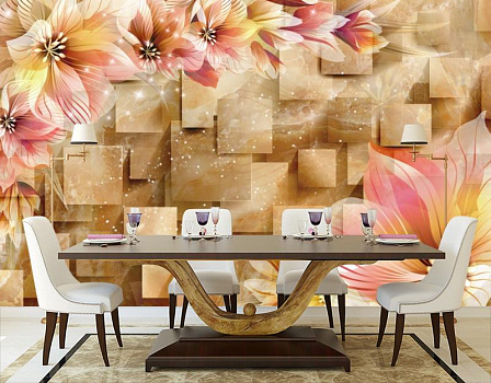 Коричневые квадраты с цветами в интерьере кухни с большим столом