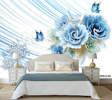 Голубые цветы с бабочками в интерьере спальни