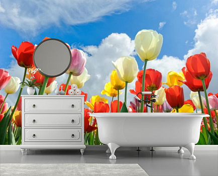 Тюльпаны под голубым небом в интерьере ванной