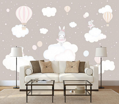 Зайчики в облаках в интерьере гостиной с диваном