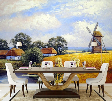 Осенняя деревня  в интерьере кухни с большим столом