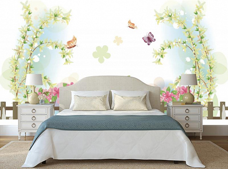 Бабочки на розовыми цветочками в интерьере спальни